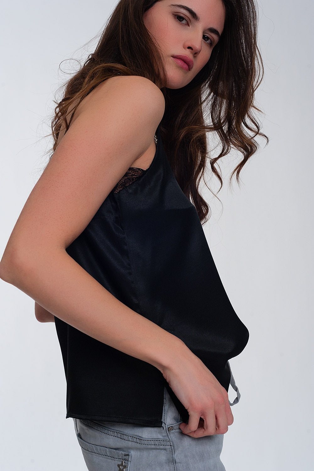 Lace insert satin cami top in black Q2 Tops BoutiqueLua