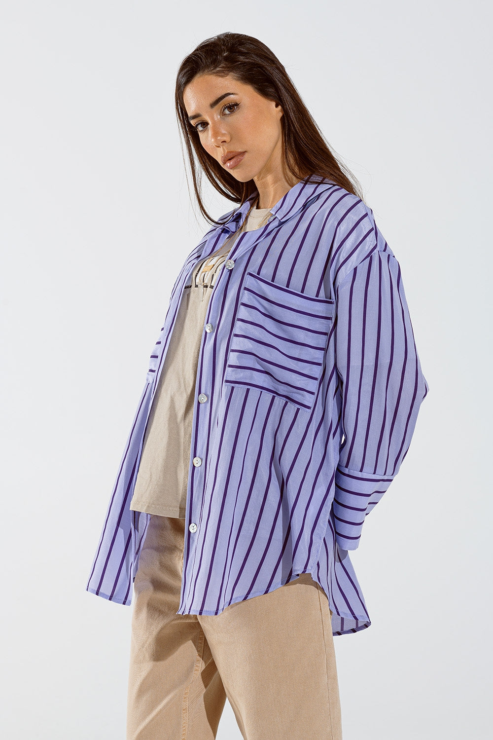 Lavander shirt with purple stripes and chest pockets - Shirts