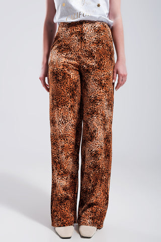 Pantalon large à imprimé léopard en marron