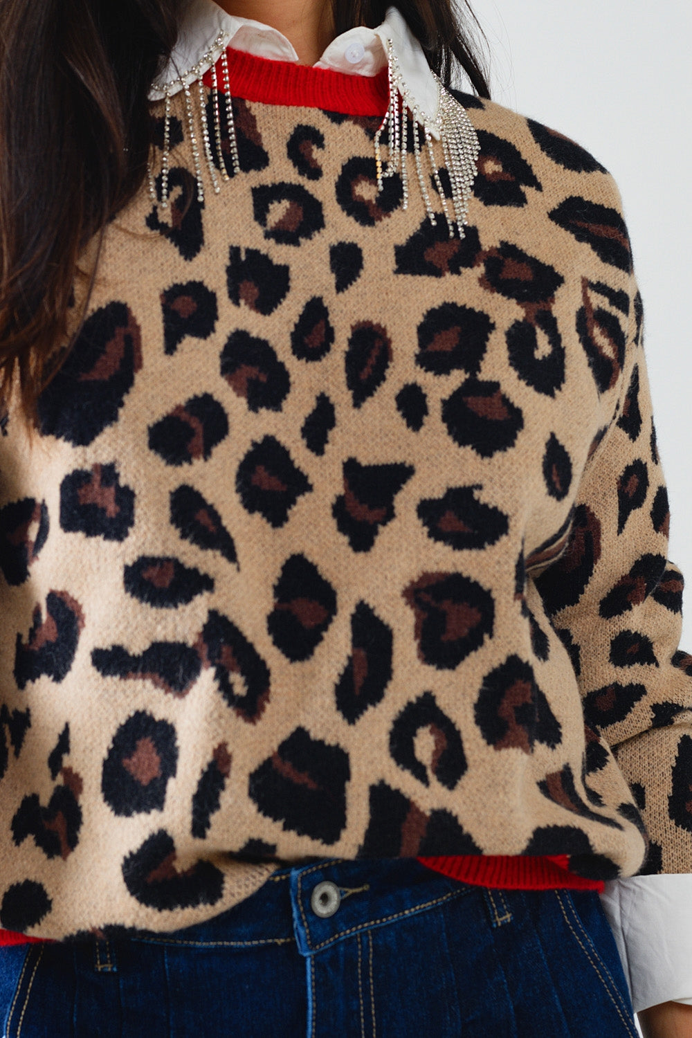 Leopard sweater with red detail on the neck and sleeves - Sweaters