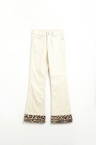 Pantalon évasé en velours côtelé beige clair avec imprimé léopard en bas