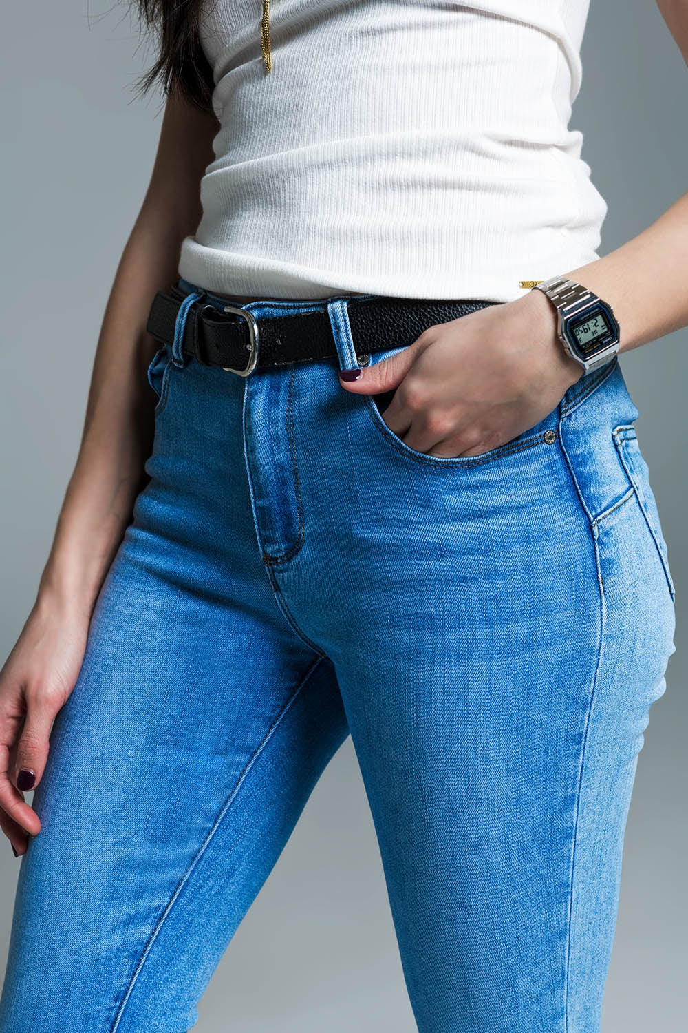 Light blue basic skinny jeans with short slit at hem - Jeans