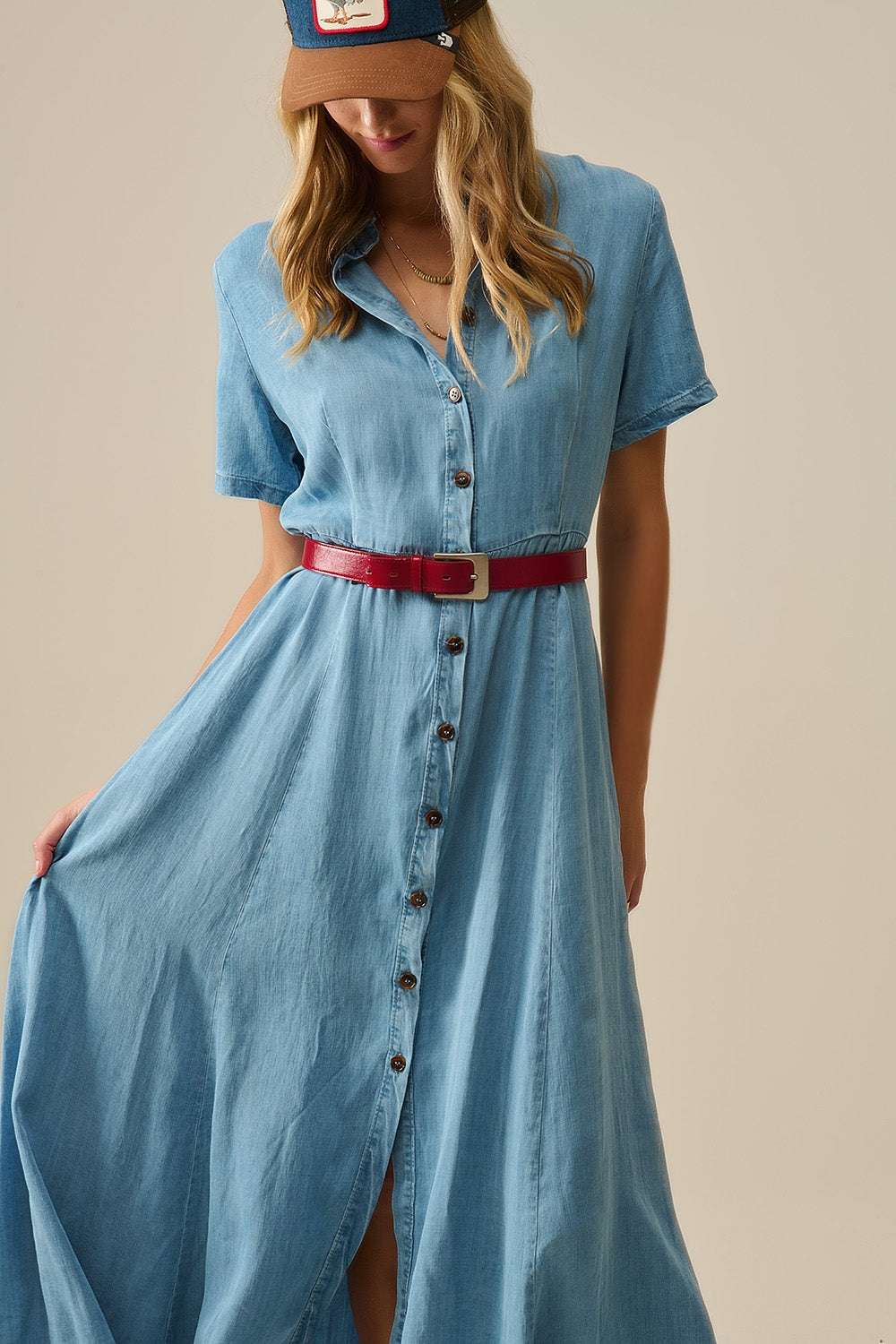 Light Blue Buttoned Tencel fabric Maxi Dress - Dresses
