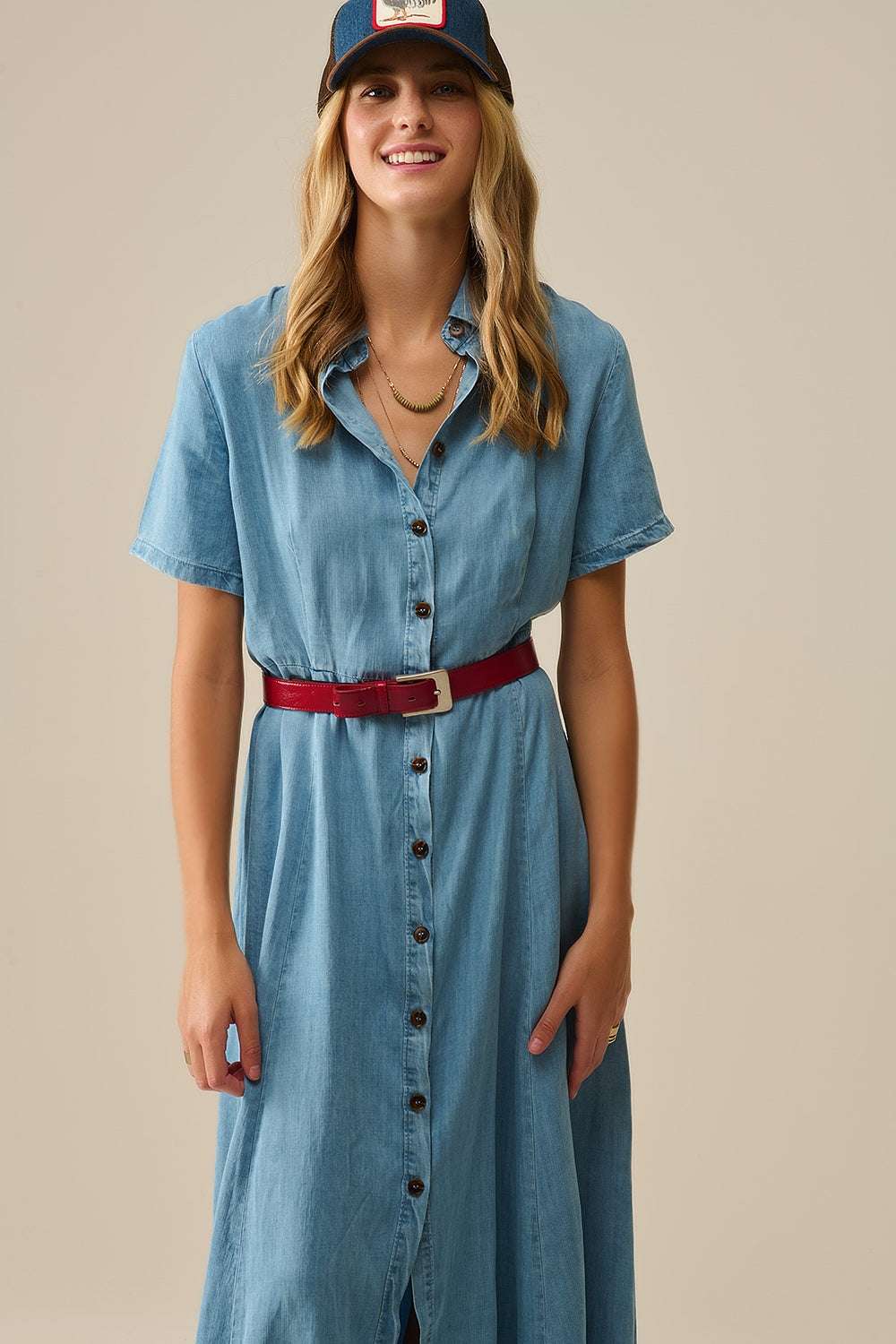 Light Blue Buttoned Tencel fabric Maxi Dress - Dresses