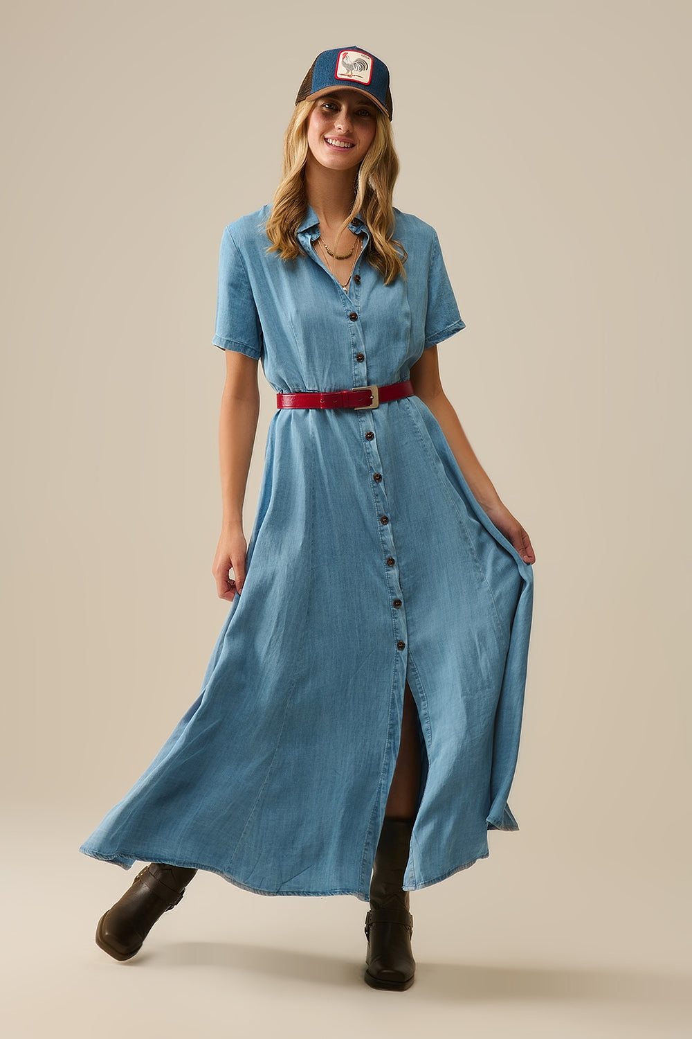 Light Blue Buttoned Tencel fabric Maxi Dress - Dresses