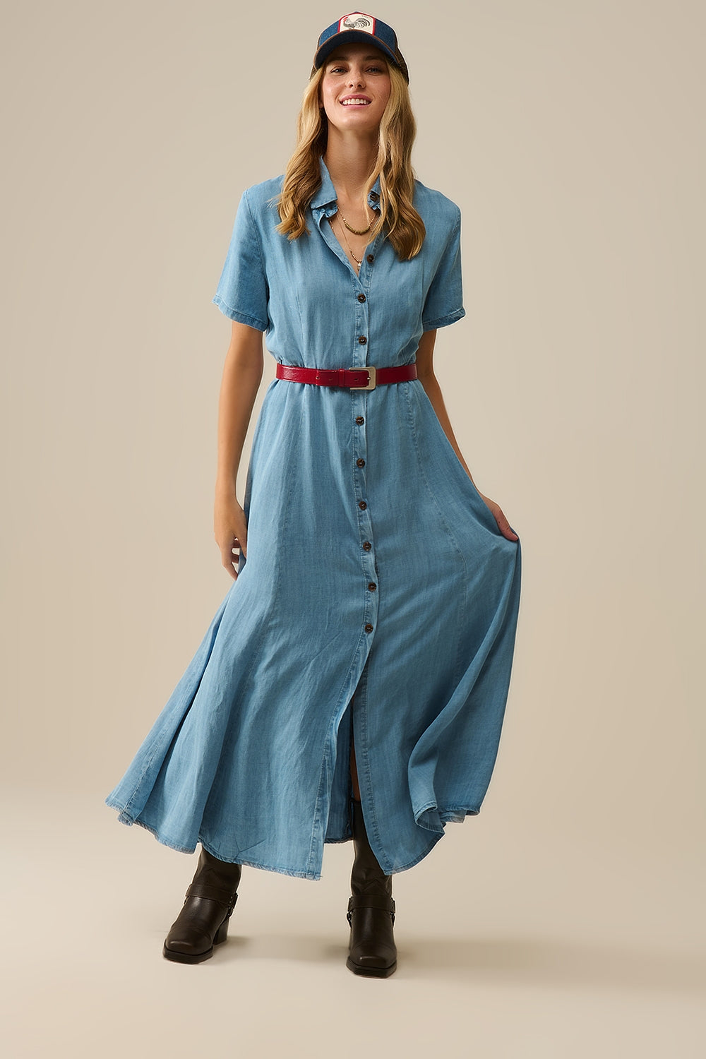 Light Blue Buttoned Tencel fabric Maxi Dress - Dresses