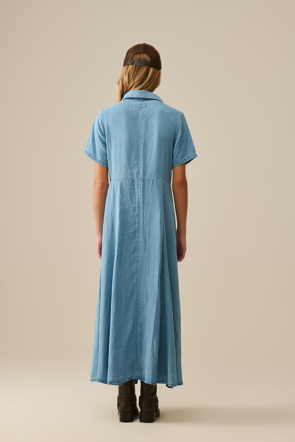 Light Blue Buttoned Tencel fabric Maxi Dress - Dresses