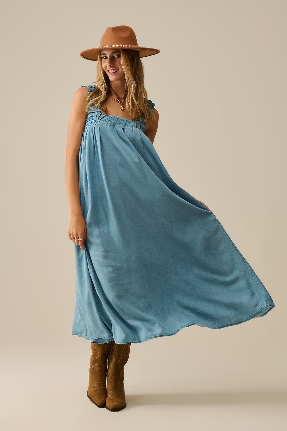 Light Blue maxi Dress with Ruffled Straps in tencel fabric - Dresses