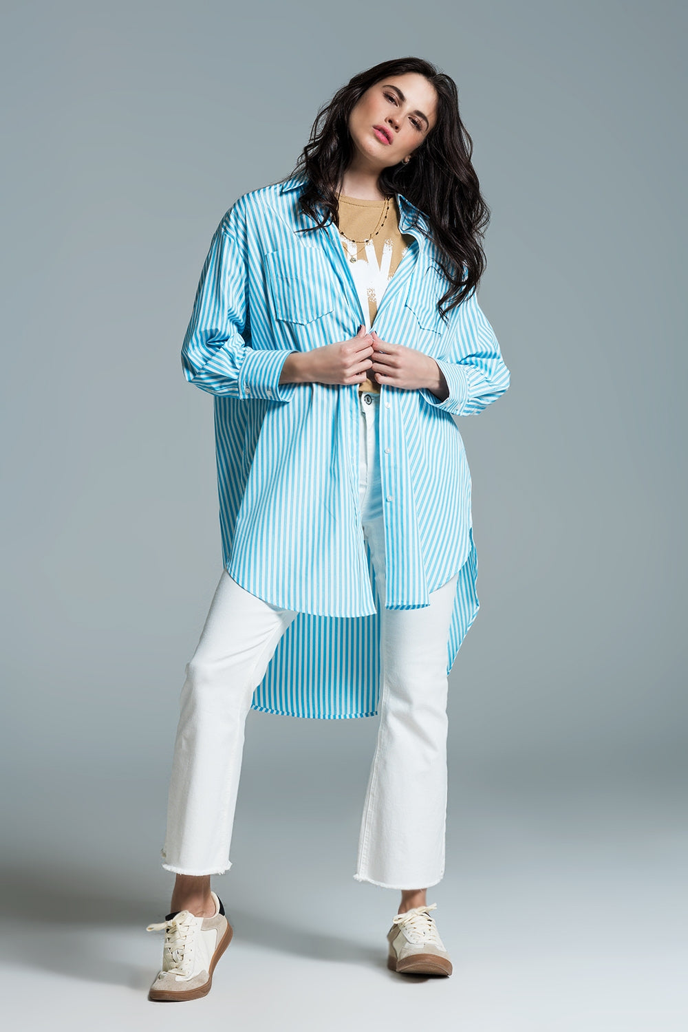 Light blue oversized blouse with white stripes - Blouses