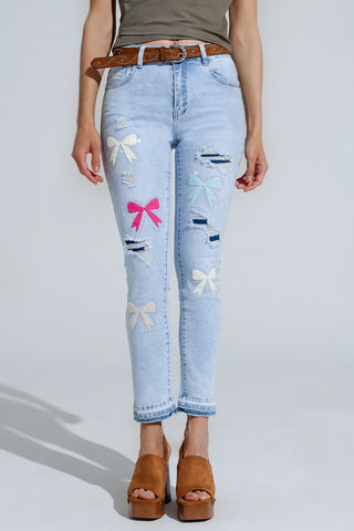 Light Blue super Skinny Jeans With Bow ties and Ripped Holes