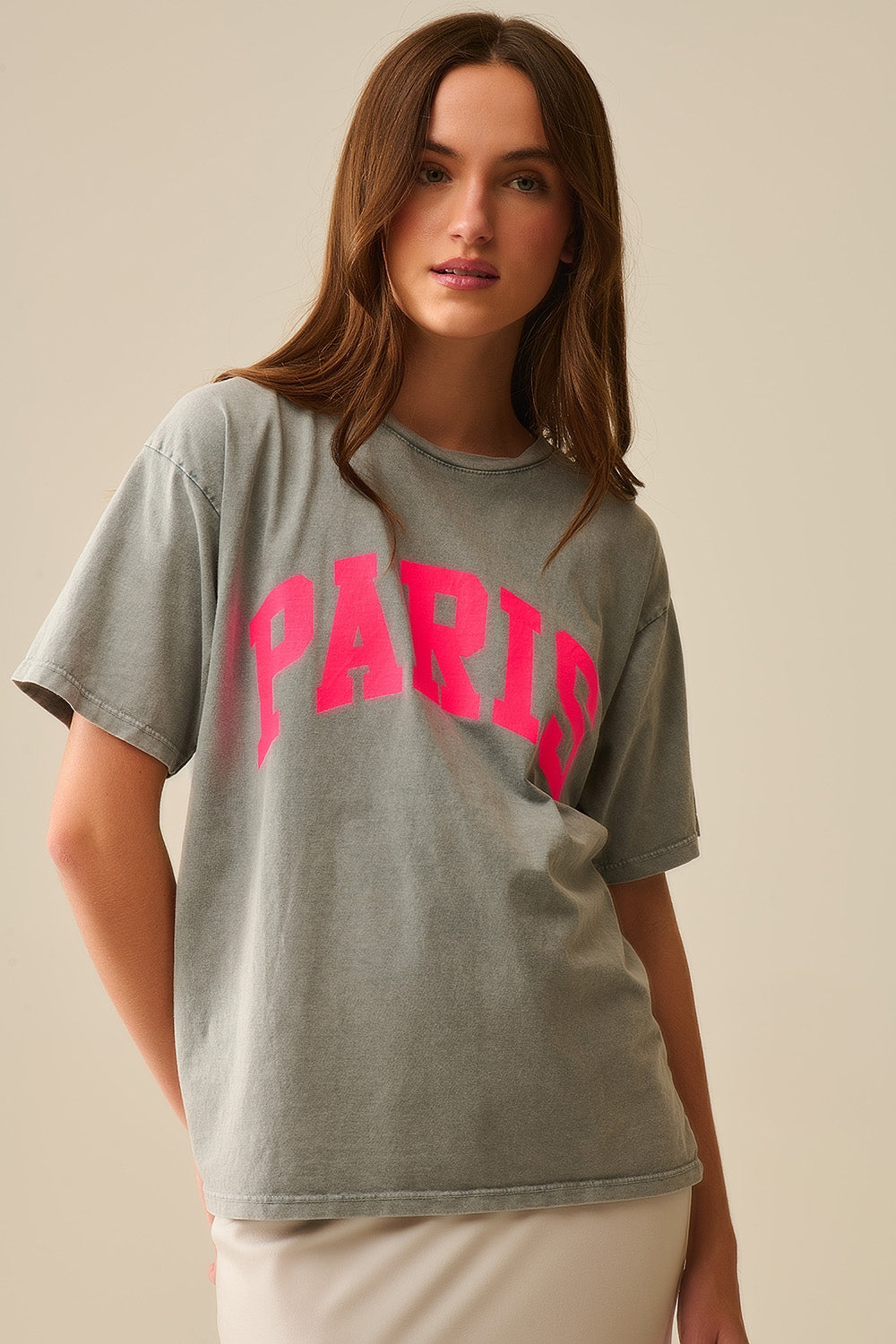 Light Grey Paris Relaxed T-shirt with Pink Letters - Tops