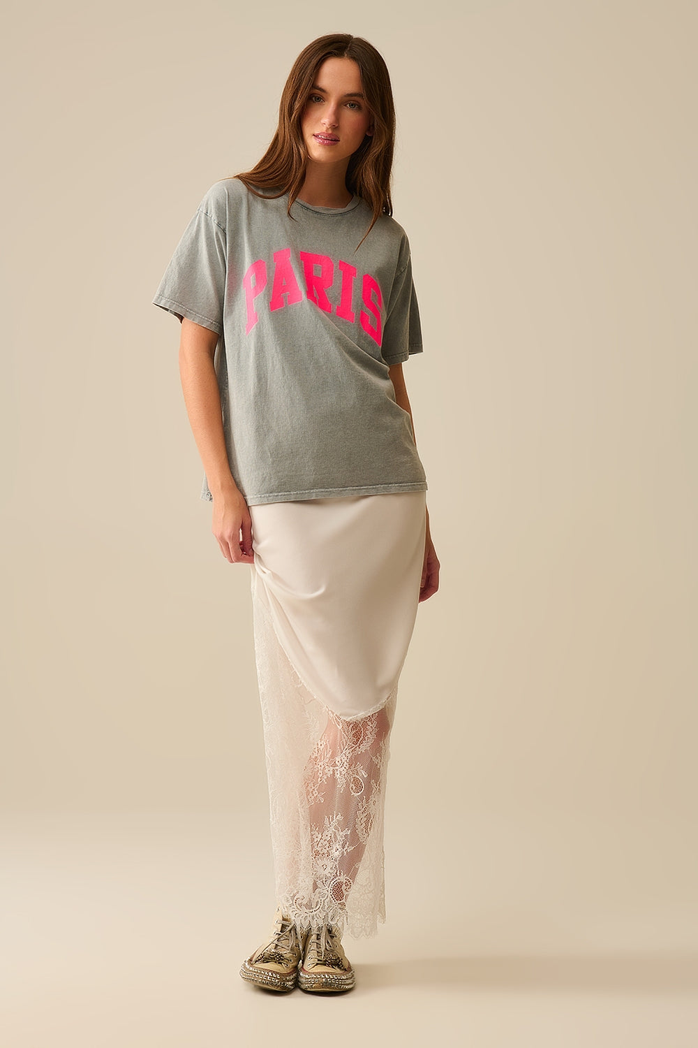 Light Grey Paris Relaxed T-shirt with Pink Letters - Tops