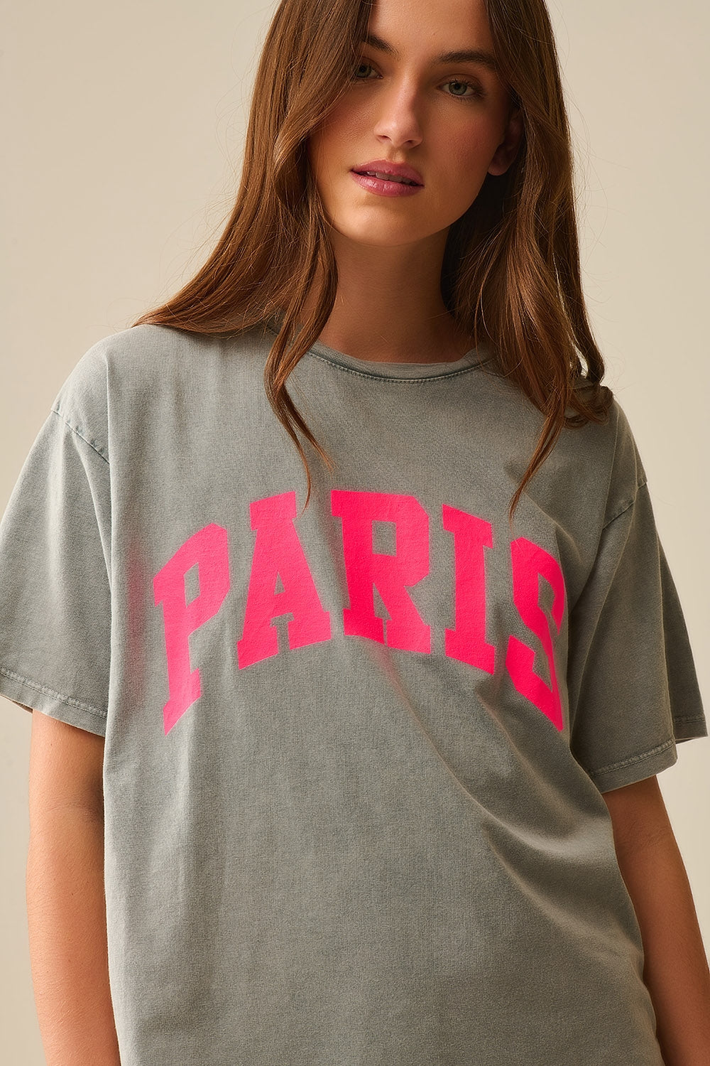 Light Grey Paris Relaxed T-shirt with Pink Letters - Tops
