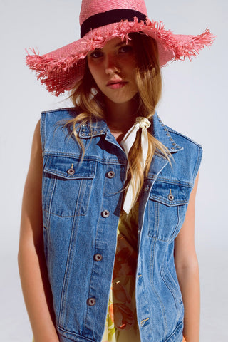 light wash denim vest with rhinestone detail on the collar