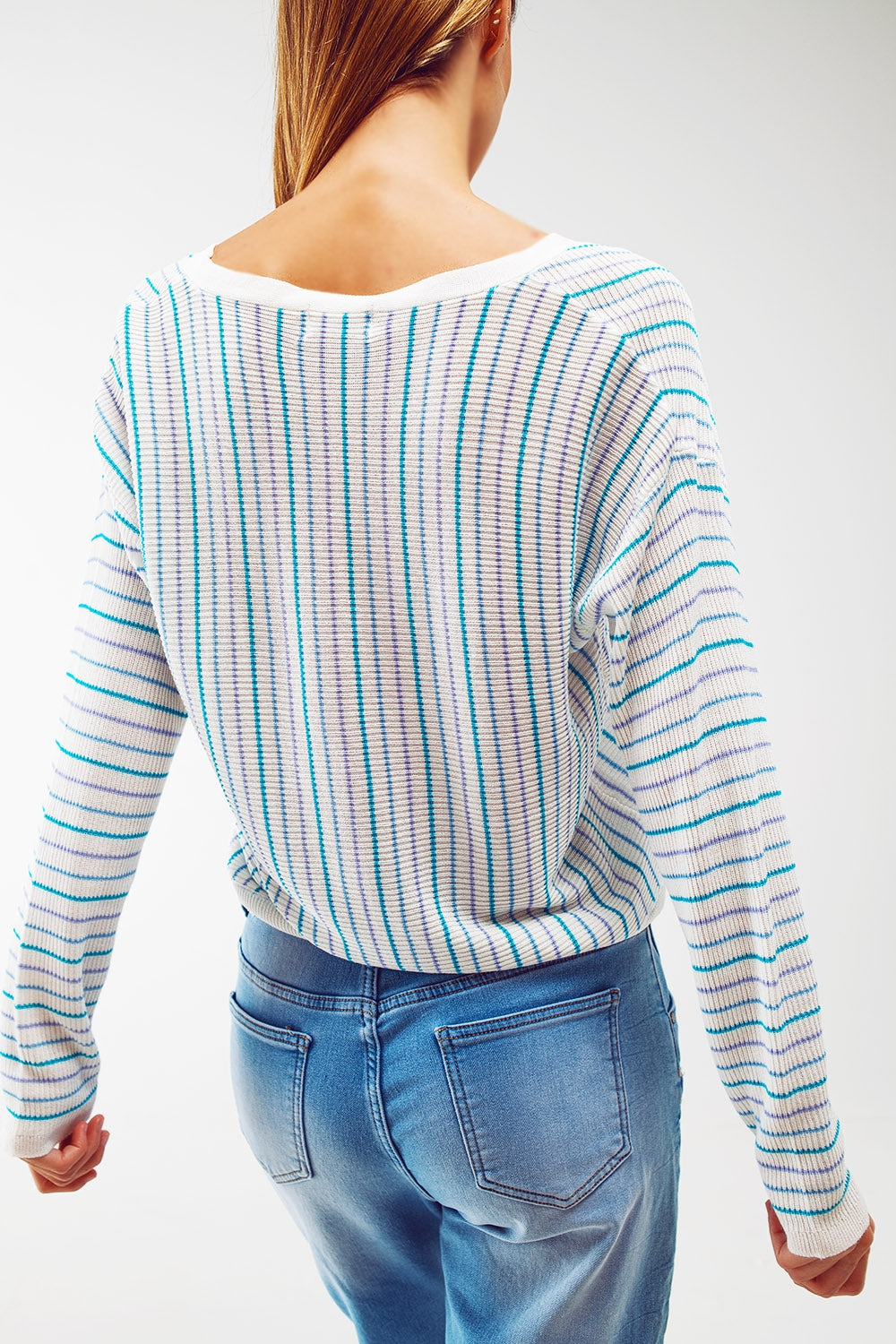 Lightweight knit cardi in blue stripe Q2 Sweaters BoutiqueLua