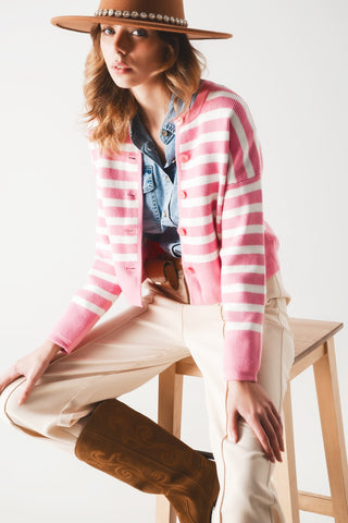 Cardigan leve listrado em rosa