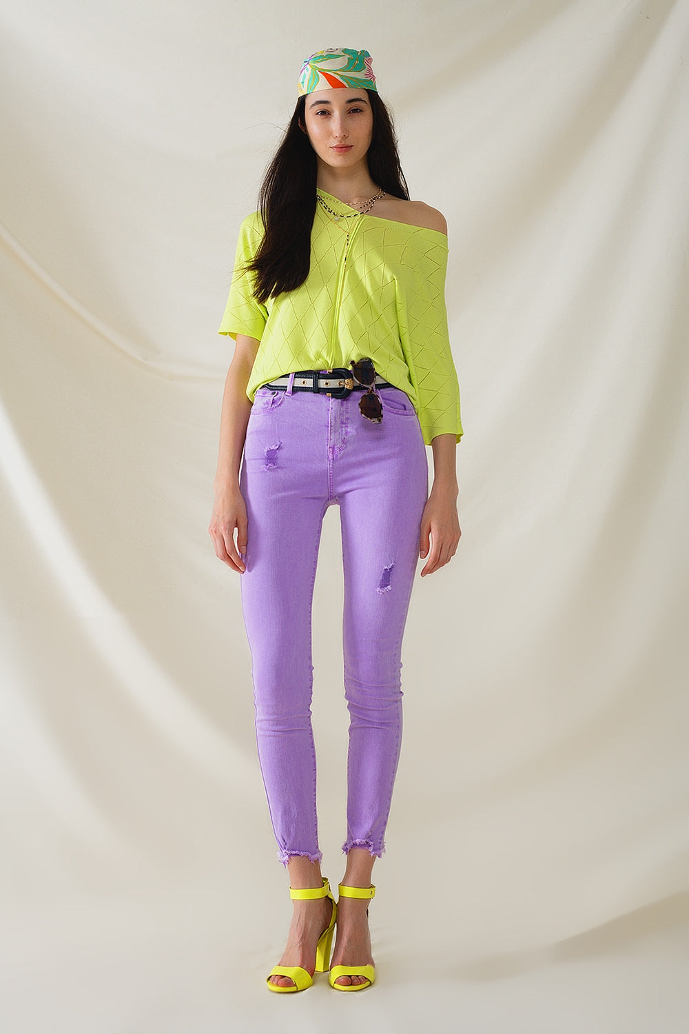 Lime Colored Short Sleeve Sweater With Argyle Pattern - Jumpers