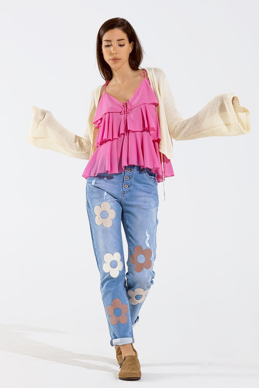 Long Bell Sleeve Knitted Cardigan in Cream With knot detail - Cardigans