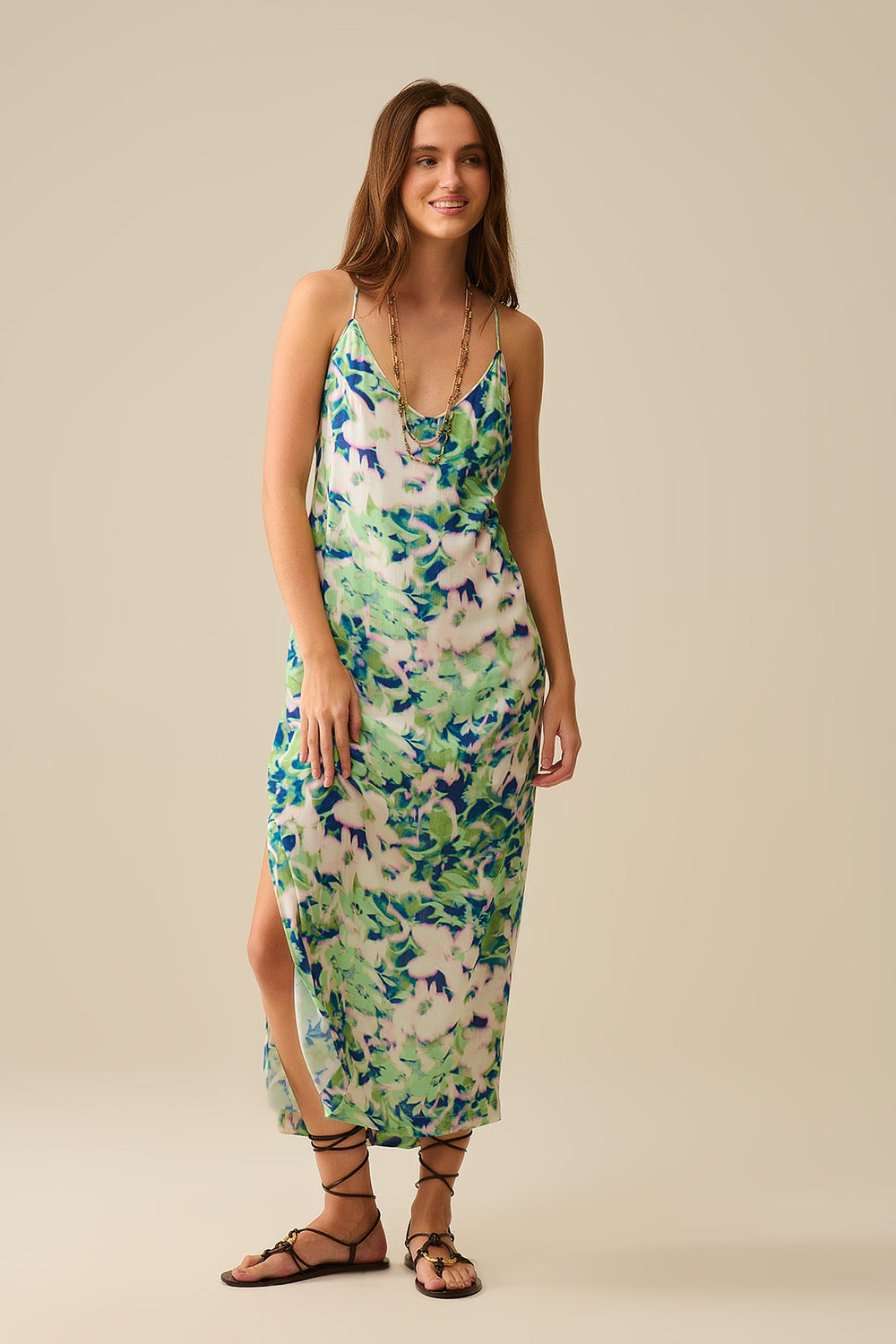 long green floral print dress with wide back neckline - Dresses