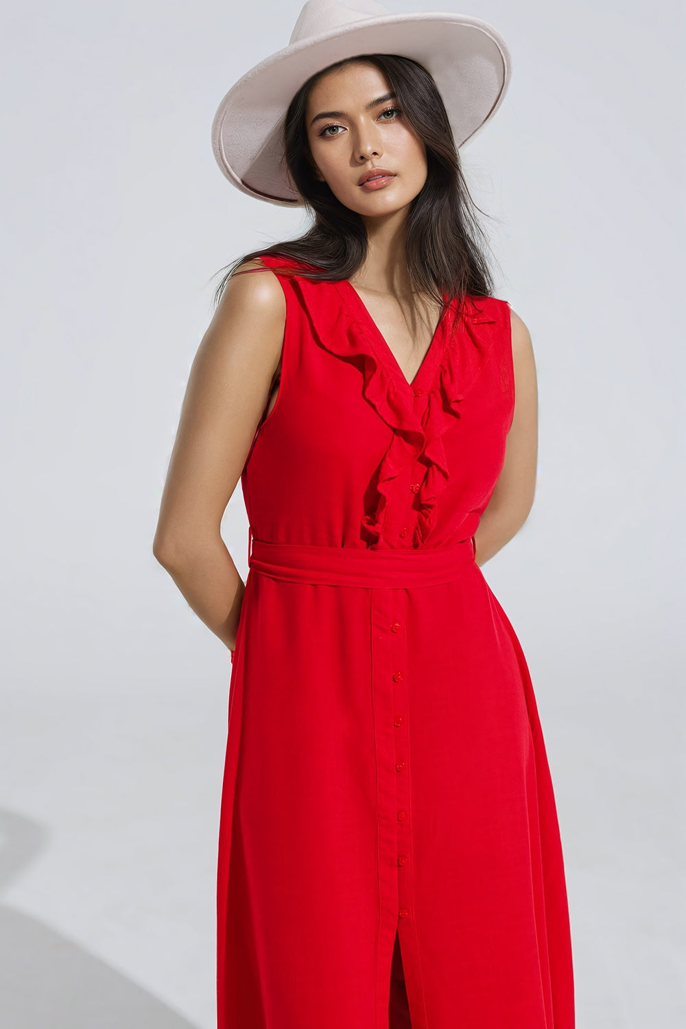 long red dress with ruffle and button detail Q2 Dresses BoutiqueLua