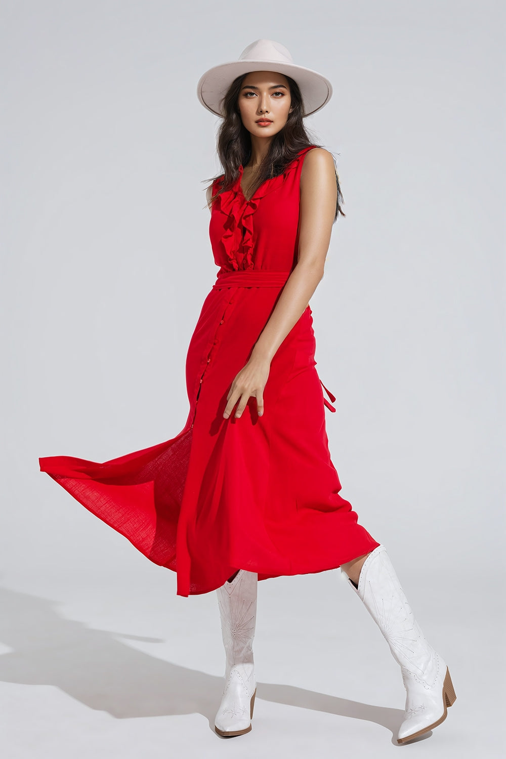 long red dress with ruffle and button detail Q2 Dresses BoutiqueLua