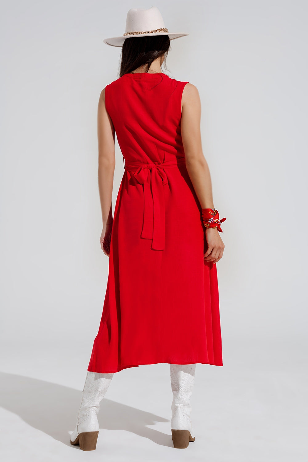 long red dress with ruffle and button detail Q2 Dresses BoutiqueLua