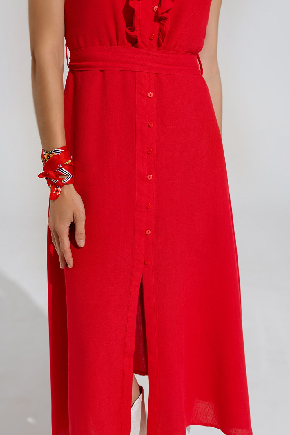long red dress with ruffle and button detail Q2 Dresses BoutiqueLua