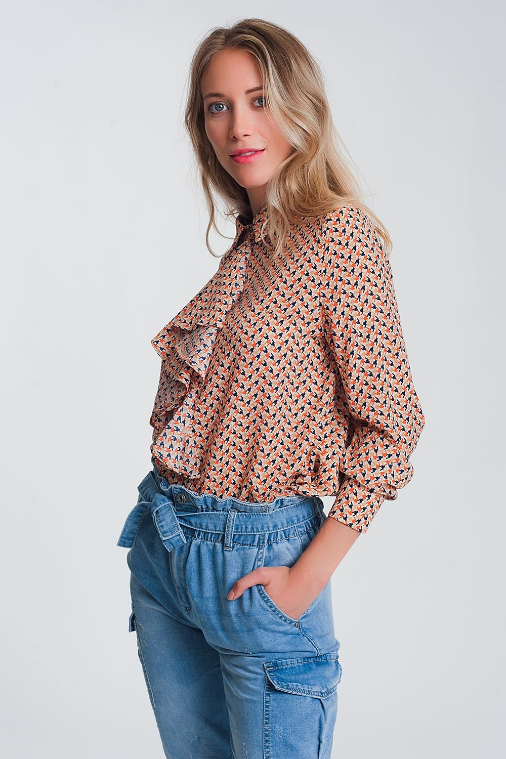 Long sleeve blouse with ruffle detail in beige - Blouses