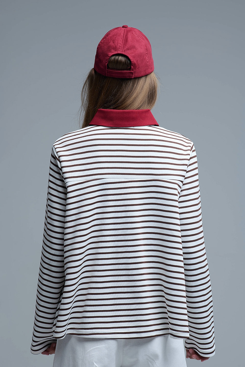 Long Sleeve Relaxed Striped Polo Sweater in White and Brown - Sweaters