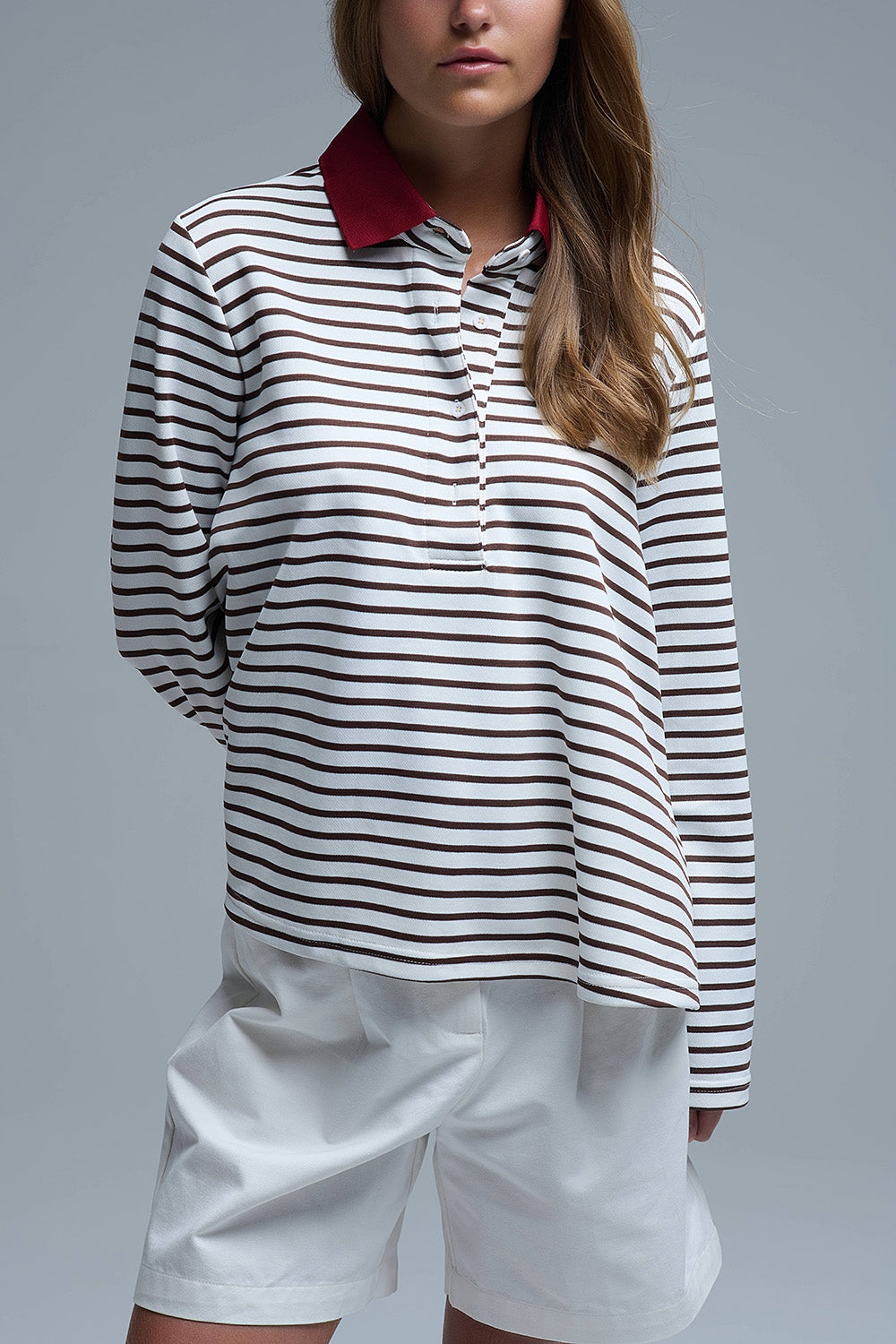 Long Sleeve Relaxed Striped Polo Sweater in White and Brown - Sweaters