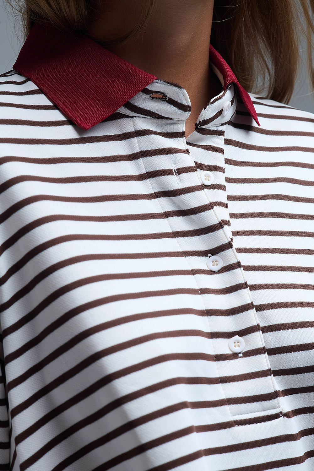 Long Sleeve Relaxed Striped Polo Sweater in White and Brown - Sweaters