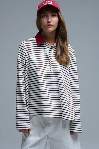 Long Sleeve Relaxed Striped Polo Sweater in White and Brown