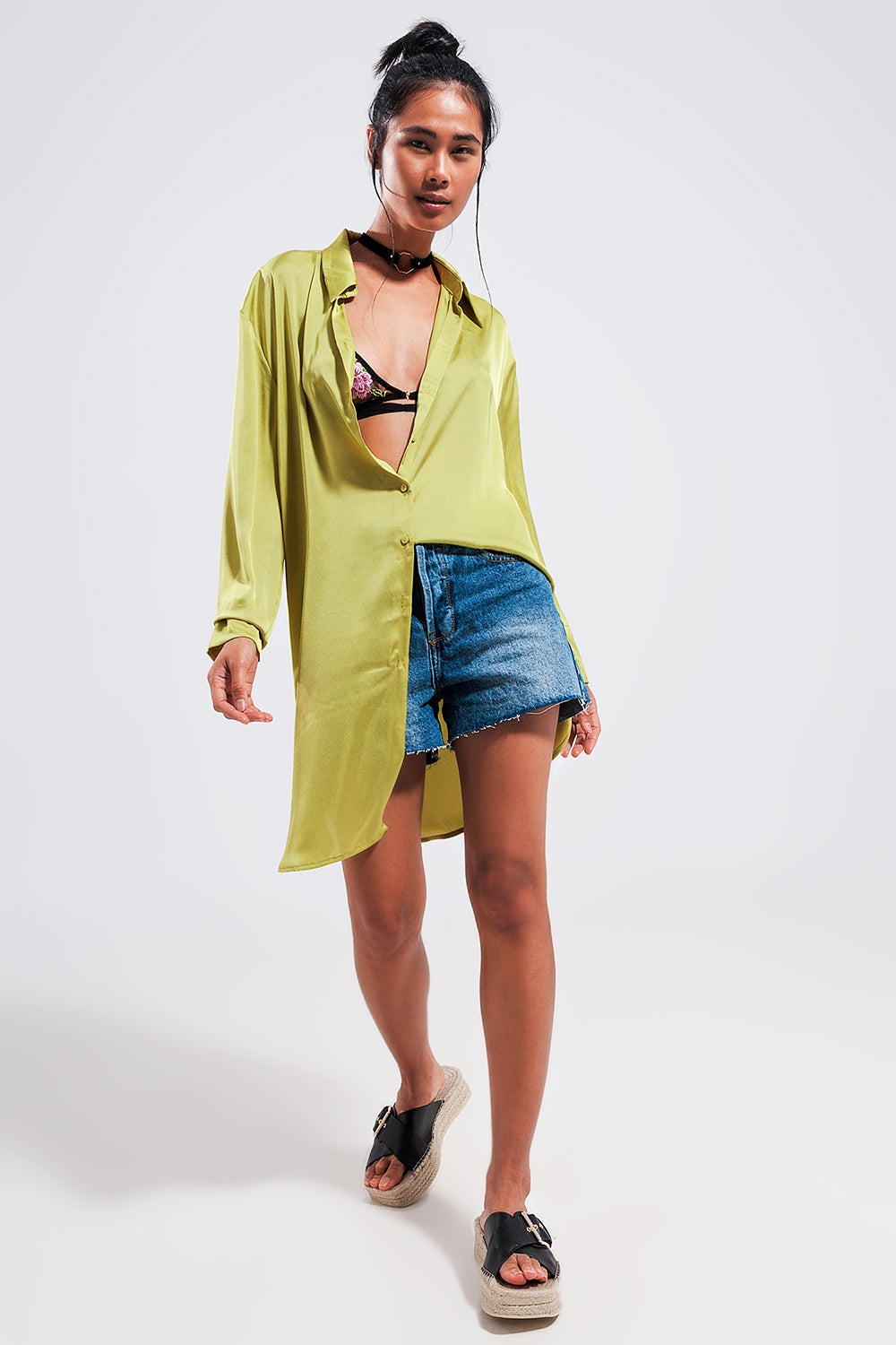 Long sleeve satin button front shirt in green Q2 Shirts BoutiqueLua