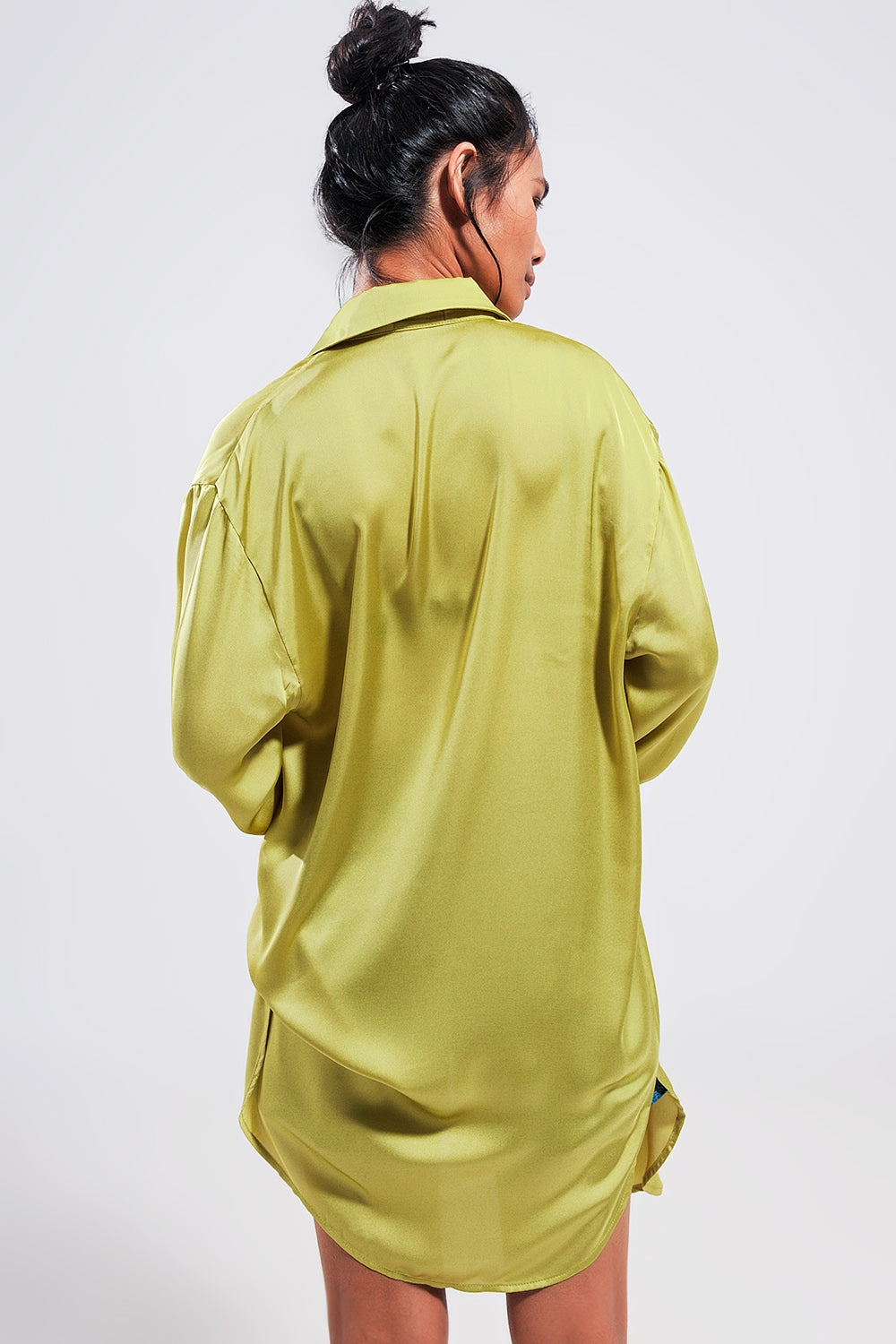 Long sleeve satin button front shirt in green Q2 Shirts BoutiqueLua