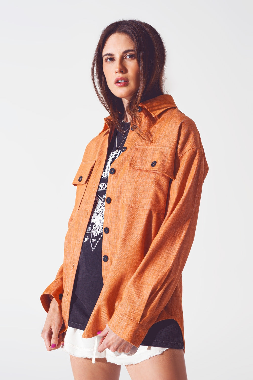 Long sleeve shacket in orange Q2 Coats and Jackets BoutiqueLua