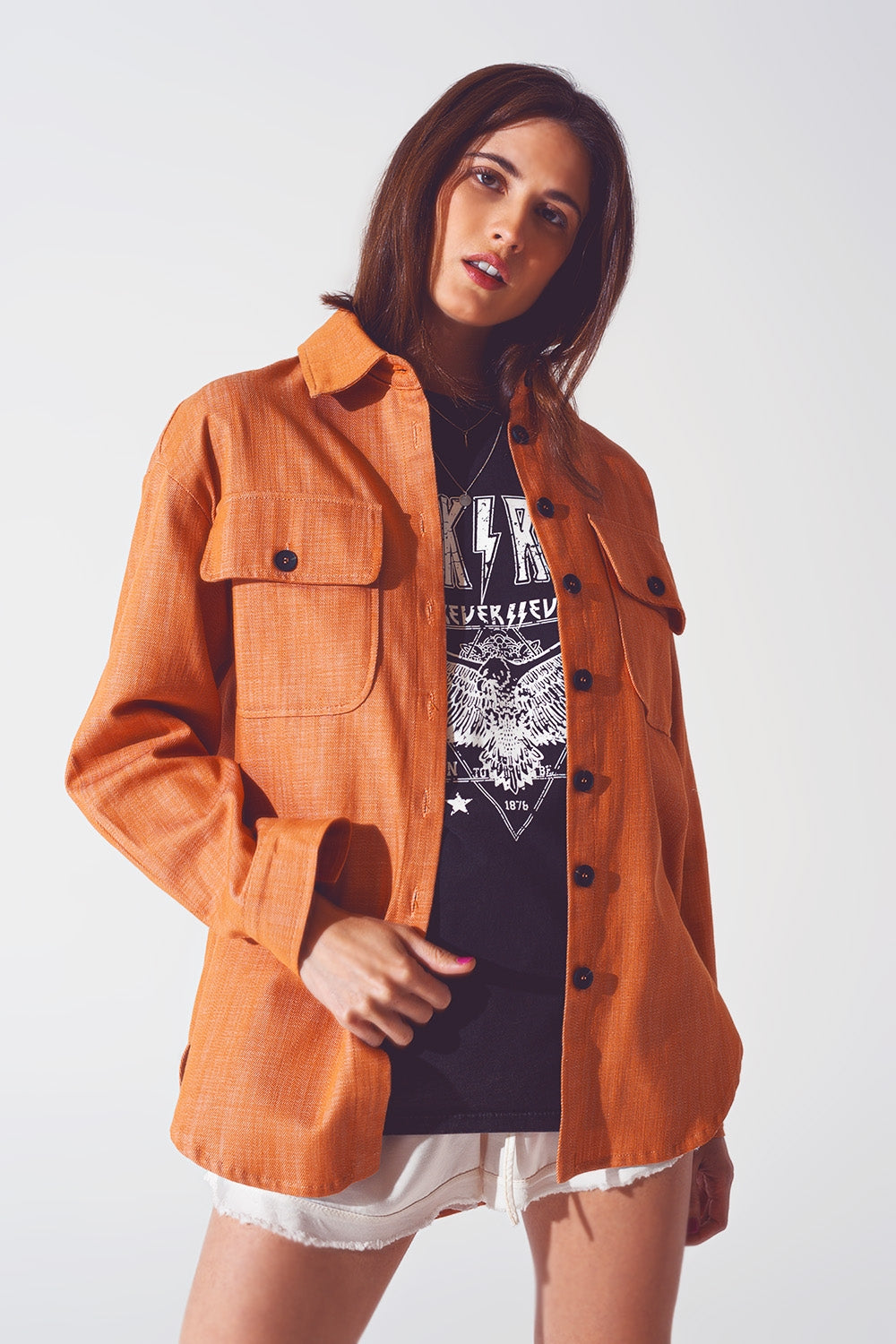 Long sleeve shacket in orange Q2 Coats and Jackets BoutiqueLua