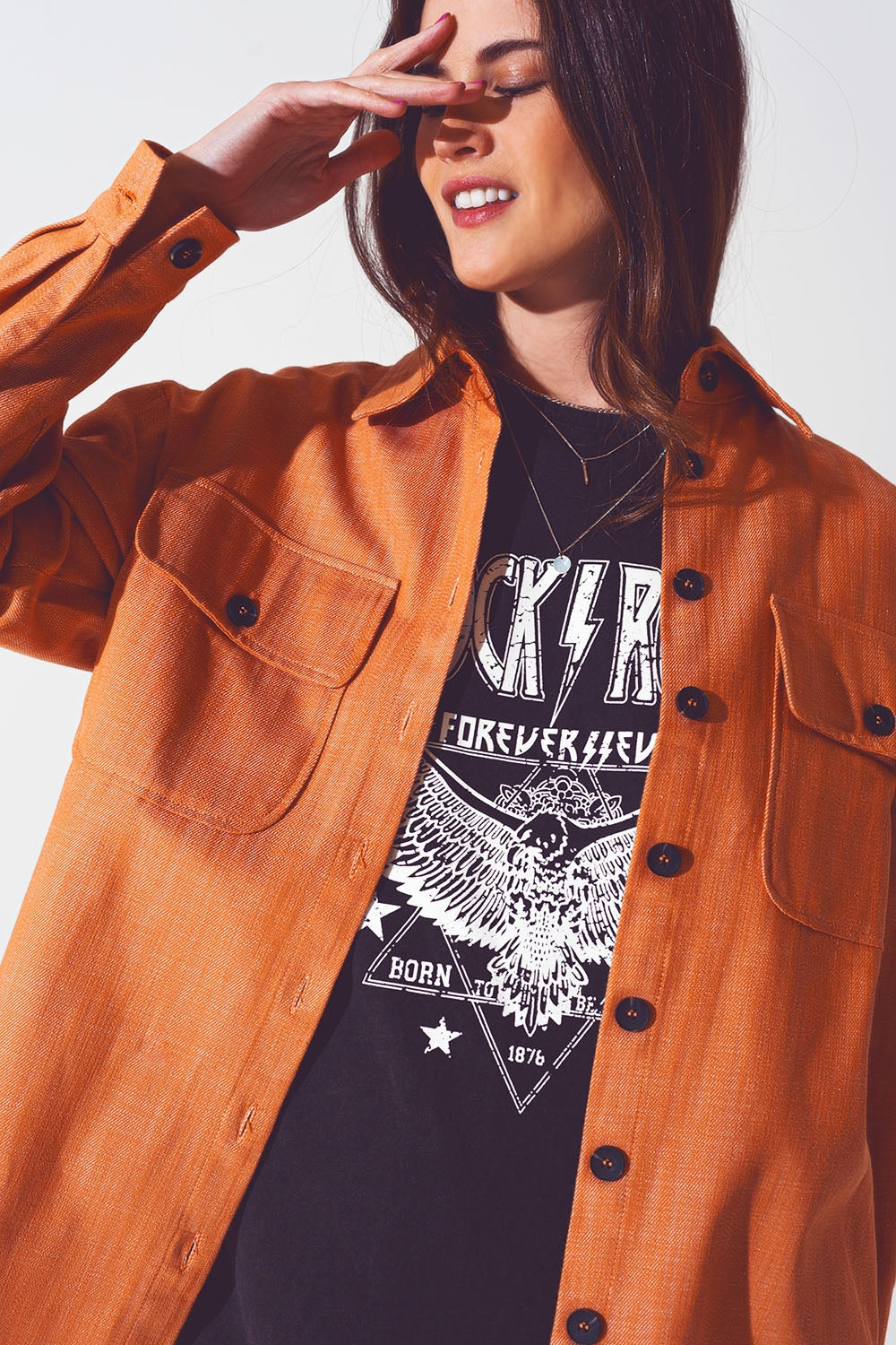 Long sleeve shacket in orange Q2 Coats and Jackets BoutiqueLua