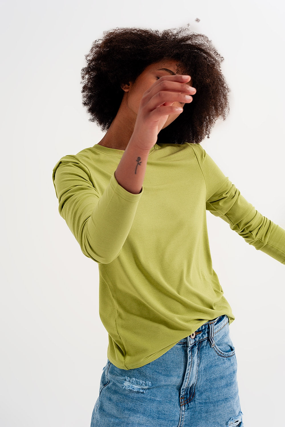 Long sleeve top with shoulder detail in green Q2 Tops BoutiqueLua