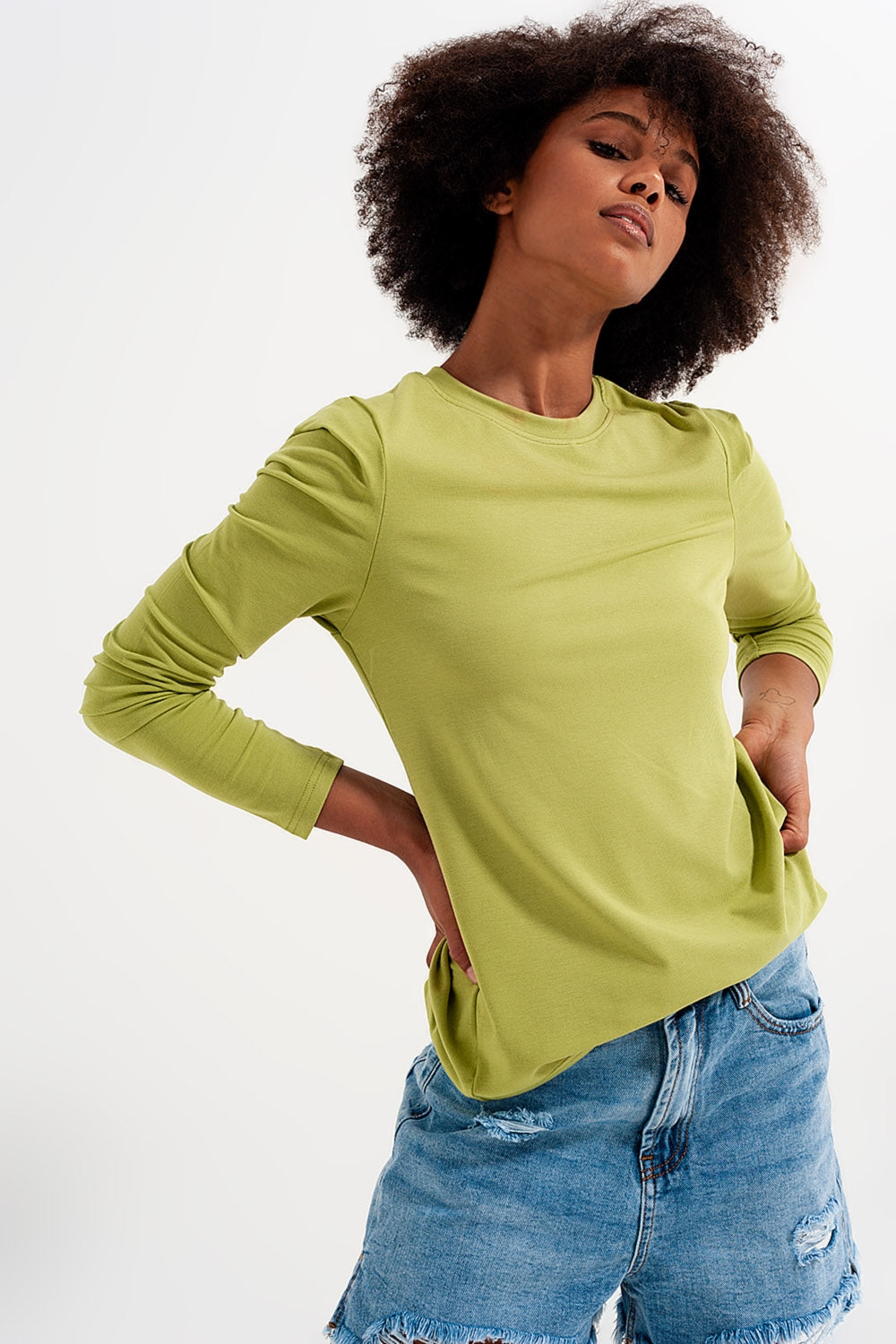 Long sleeve top with shoulder detail in green Q2 Tops BoutiqueLua