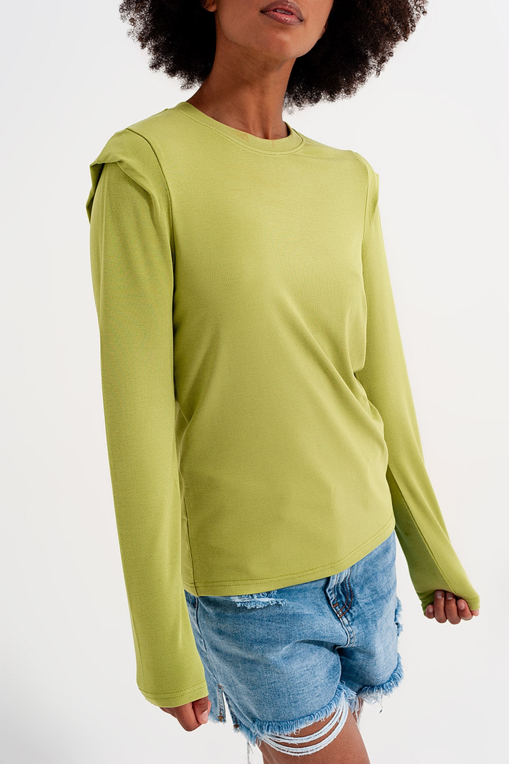 Long sleeve top with shoulder detail in green Q2 Tops BoutiqueLua