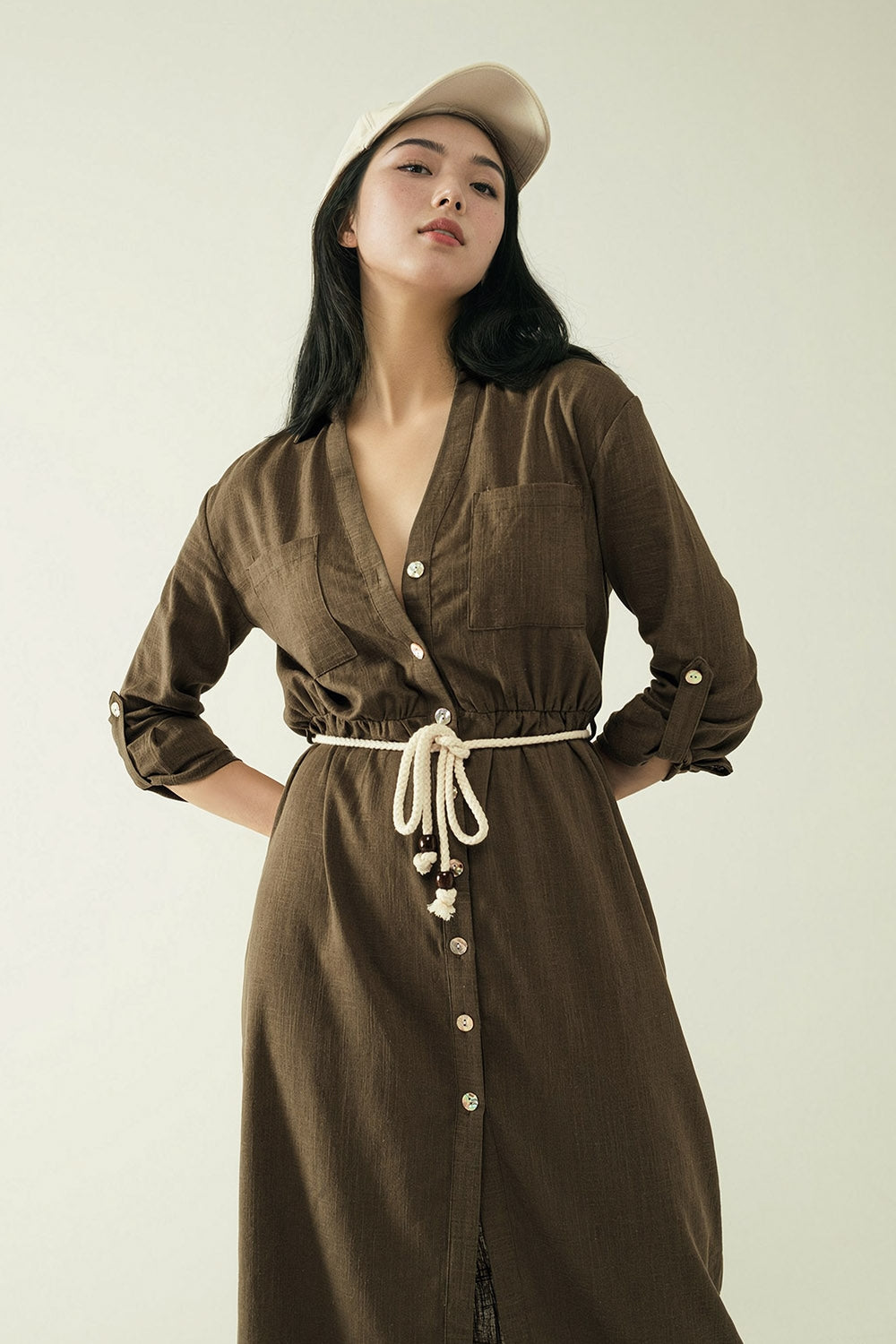 Long sleeves Khaki shirt dress with button closure Q2 Dresses BoutiqueLua