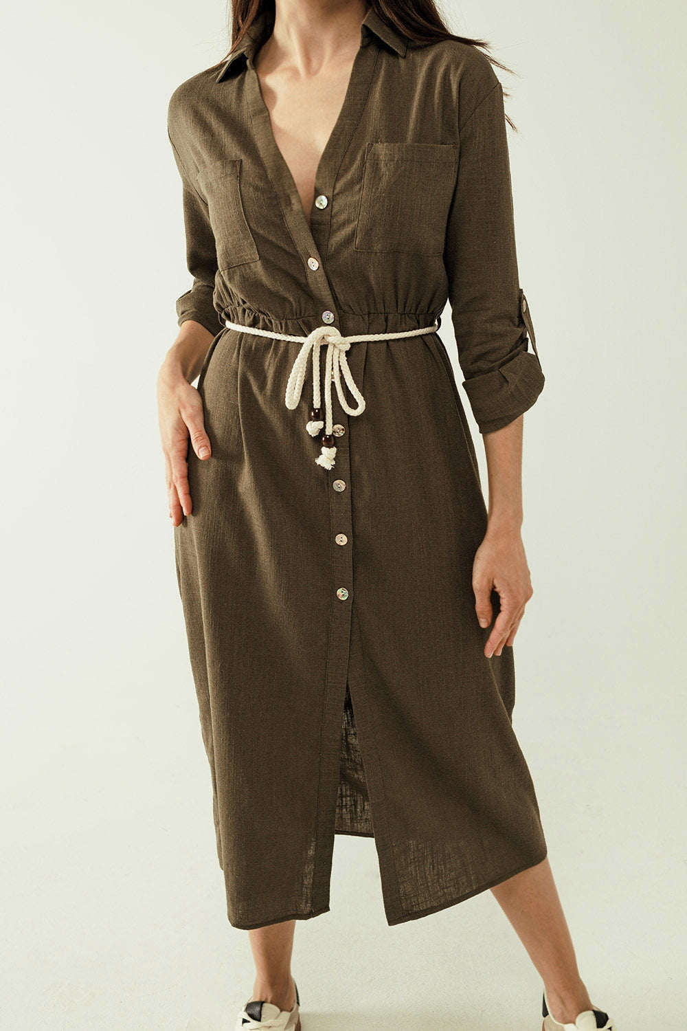 Long sleeves Khaki shirt dress with button closure Q2 Dresses BoutiqueLua