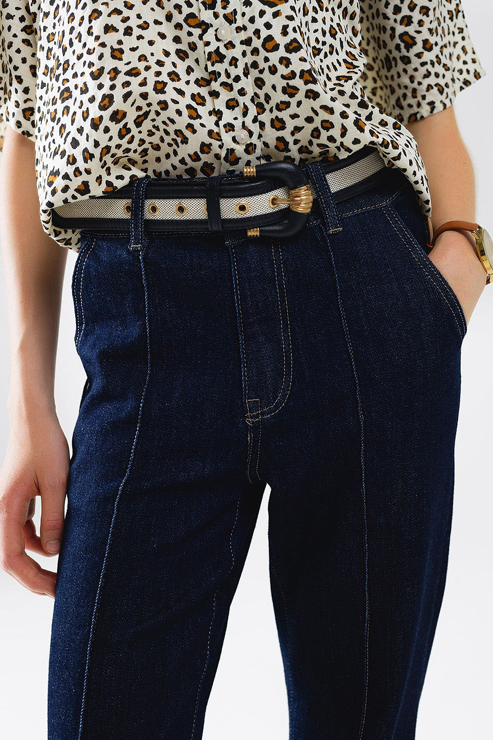 Long Straight Dark Blue Jeans With Contrast Stitching - Jeans