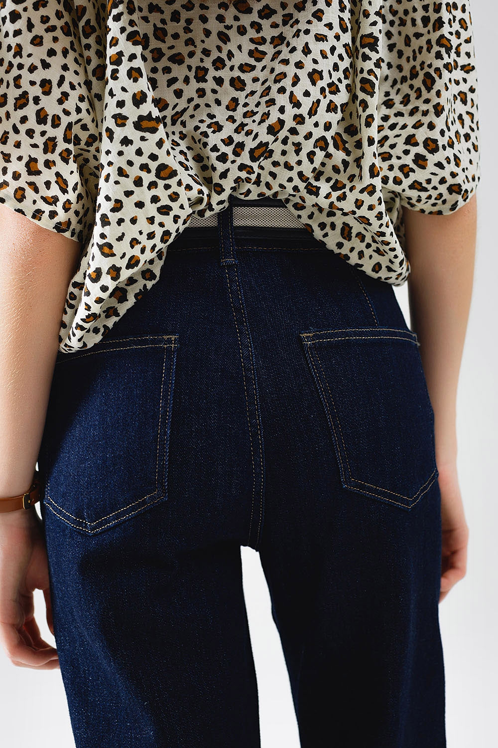 Long Straight Dark Blue Jeans With Contrast Stitching - Jeans