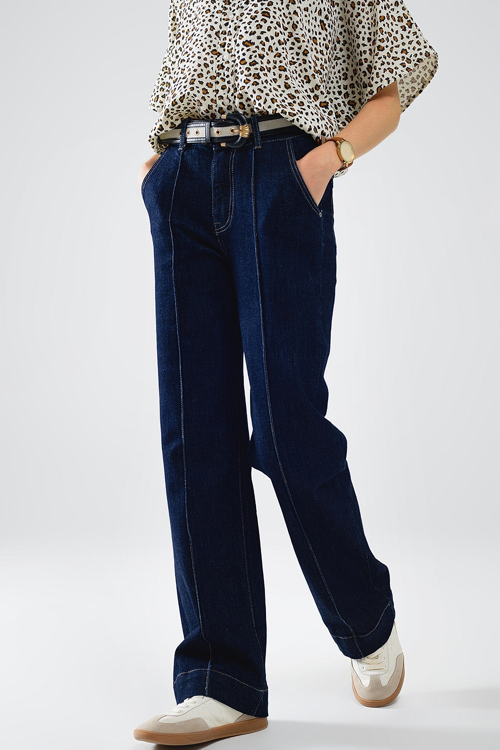 Long Straight Dark Blue Jeans With Contrast Stitching - Jeans