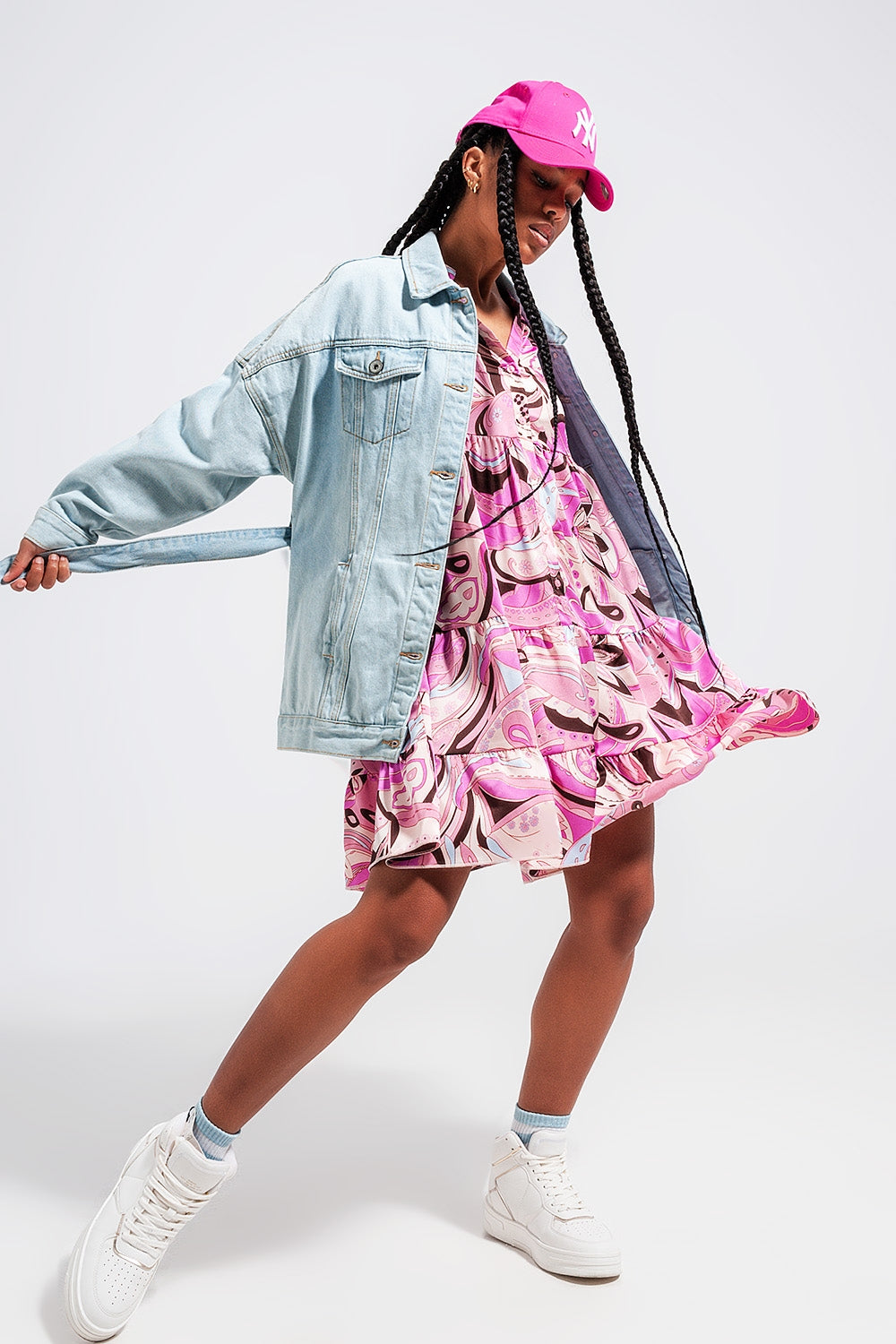 Longline denim jacket with belt in light blue wash - Jackets