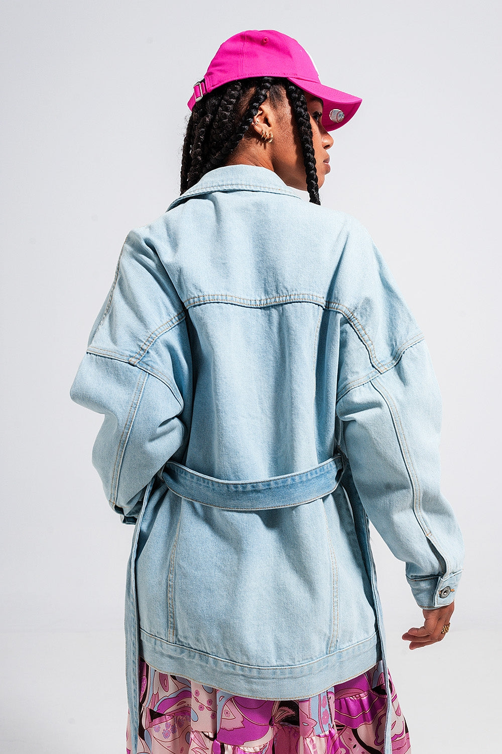 Longline denim jacket with belt in light blue wash - Jackets