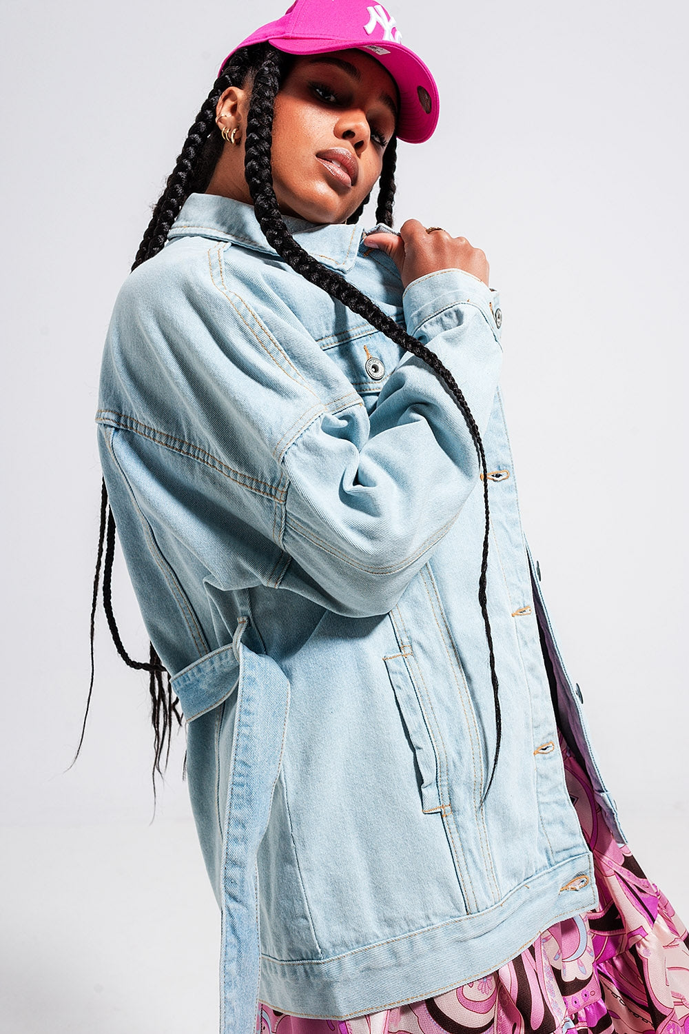 Longline denim jacket with belt in light blue wash - Jackets