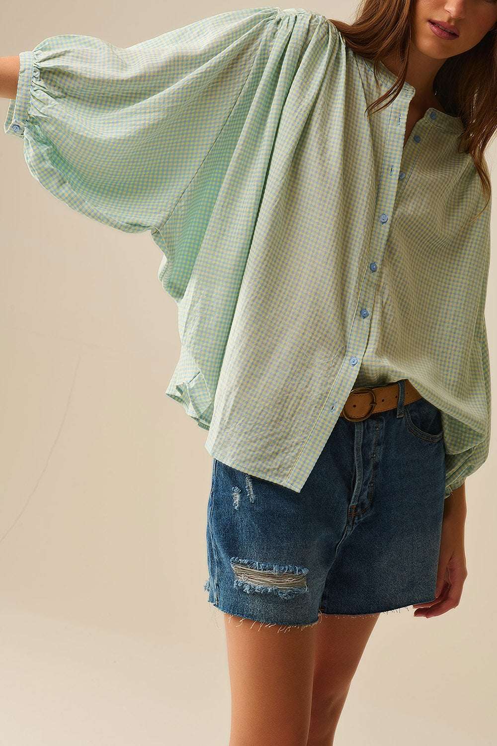 loose light blue gingham blouse - Blouses