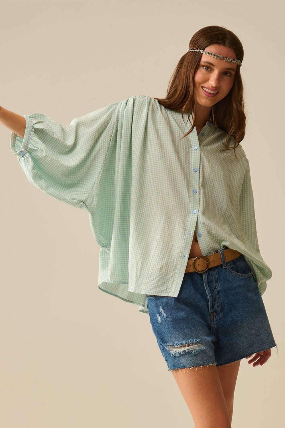 loose light blue gingham blouse - Blouses